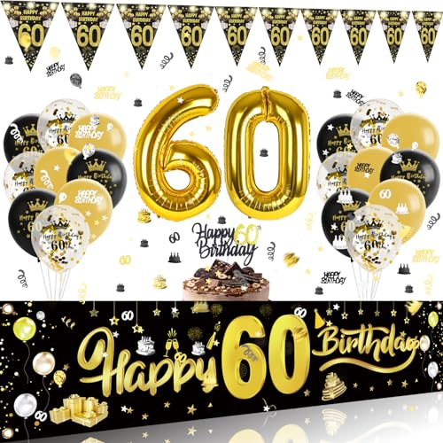 Luftballon 60 Geburtstag mit Lichterkette, Banner und Deko Set - Girlande, Konfetti, Luftballons für Mann und Frau - Kuchen Dekoration