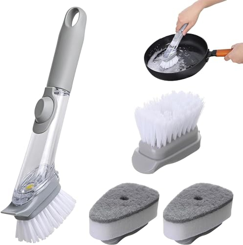 Brosse à Vaisselle avec Manche Brosse Vaisselle avec Reservoir Brosse à Vaisselle avec Distributeur de Liquide 4 Têtes de Brosse Interchangeables pour Nettoyage Cuisine, Vaisselle, Casseroles, évier