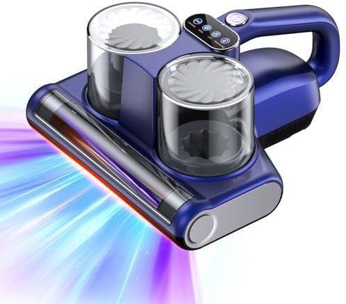 Aspiradora Antiacaros Aspirador Colchones con Luz UV-C de 253,7 nm 16Kpa de Succión Calentamiento Cepillo Giratorio Ultrasónica Filtro HEPA Aspirador de Acaros Puerto de Succión Ampliado 500W Azul