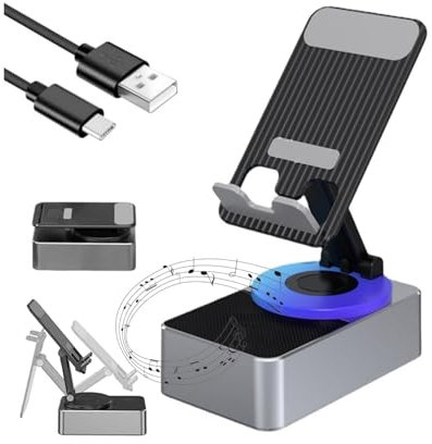 QLNGSHP Bluetooth Audio Power Phone Holder, 3-in-1 Foldable Cell Phone Stand, Phone Stand with Bluetooth Speaker, Cellphone Stand with Power Bank, 360 rotatable Non-Slip (Gray)