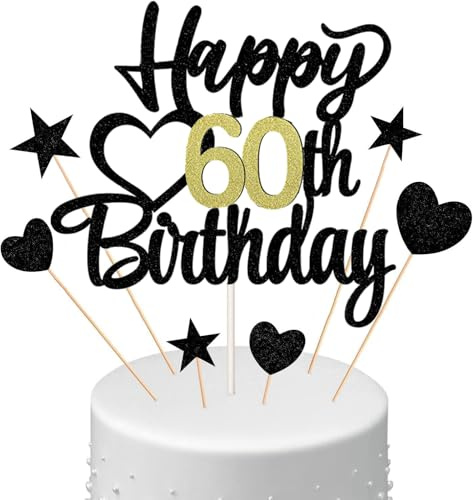 Anlgdi Kuchendeko Happy Birthday Deko Kuchen Topper 60. Geburtstag Mann Frau, Schwarz, 7 Stück, Kuchen Topper für Geburstagstorte, Schwarz