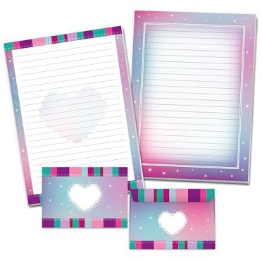 Briefpapier-Set mit 2 Schreibblöcken und 25 Umschlägen für Kinder Bauklötze rosa bunt (1 Block Herz und 1 Block bunt A4 mit je 25 Blättern + 25 Briefumschläge)