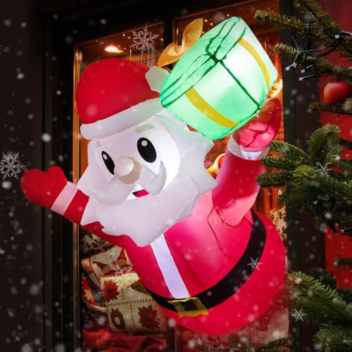 MaxEarn 4FT Aufblasbarer Weihnachtsmann, Weihnachten Aufblasbar Deko mit LED-Licht, Weihnachtsmann Hand hält Geschenk aus dem Fenster Ausgebrochen, Aufblasbar Dekoration für Weihnacht, Party, Garten
