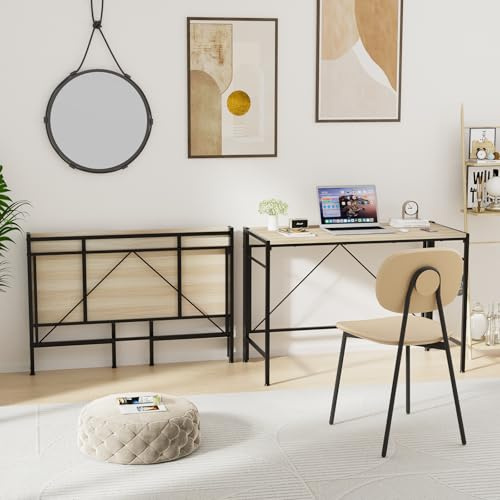 Table de Bureau Pliante, Table de Style Industriel Pliable pour ordinateur, Bureau d'ordinateur avec Roulante Verrouillable et 2 Crochets, Tables Pliables en Bois Métal Robuste, Beige, 50x110x75cm