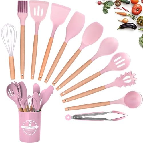 Kitchen Utensil Set, 12 PCS Silicone Kitchen Utensils Set with Holder, Non-Stick Cooking Utensils Set Heat Resistant Kitchen Sets, Natural Wooden Handle Silicone Kitchen Gadgets Utensil Set