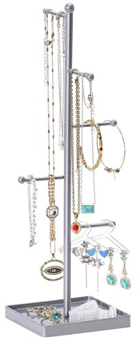 Lolalet Porte Colliers Compact, Présentoir Bijoux en Forme T à Ranger Les Colliers Bracelets Boucles d’Oreille, avec Un Plateau, pour Les Filles -Gris Argenté