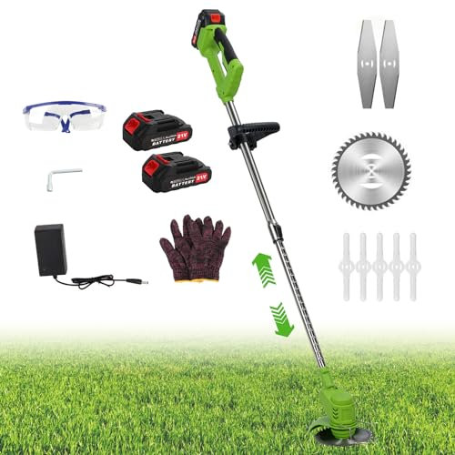 iondelce 3 in 1 Akku Rasentrimmer mit Unkrautbürste, 21V 800W Elektrischer Freischneider mit 2 Akku 1500mAh für Hof, Garten, Weide, Villa-Landschaftsbau und Kantenbea (Grün)