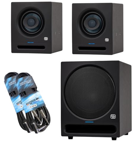 PreSonus Eris Pro 4 Aktiver Studio-Monitor Lautsprecher 1 Paar mit Eris Pro Sub 10 Subwoofer und 2X keepdrum Klinkenkabel
