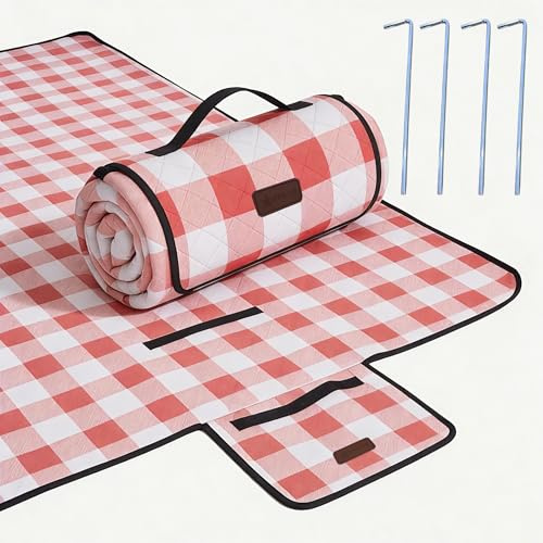HX&OD Picknick-Outdoor-Decke, extra groß, 203,2 x 203,2 cm, wasserdicht, faltbar, Gingham-Picknick-Matte für Strand, Camping, Gras, Rasen, Park, Zubehör, niedliche Paarideen, Hochzeit, Rot, 203,2 x