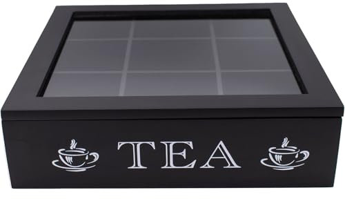 Black 9 Compartment Vintage Tea Storage Box, Teabag Organizer, Tea Bag Holder, Countertop Kitchen Accessory Decor