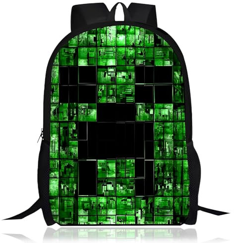 Rucksack Pixelmotiv, Rucksack Minecr Kinder, Minecr Backpack Jungen Kindergarten, Backpack Minecr Grün, Schulrucksack für Jungen und Mädchen, Unisex 4-10 Jahre