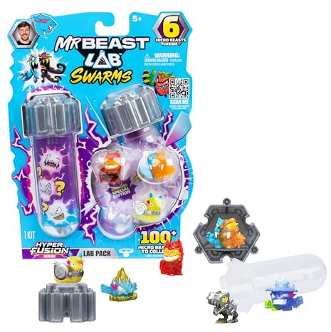 MrBeast Lab Swarms Hyper Fusion Series, Collect 100+ Unique Hyper Fusion Swarms, Lab Pack Includes 6 Micro Beasts, 6 Collectible Stickers & 2 Stackable Fusion Caps To Build Out Your Own MrBeast Lab