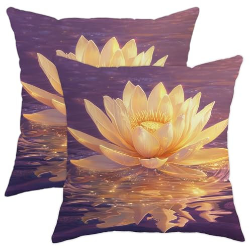 Water Lily Flower Pillow Covers Set of 2, Soft Yellow Water Lily Decorative Cushion Cases, Serene Home Decor for Sofa Bed Couch, Spring Seasonal Accents 16x16 Inch