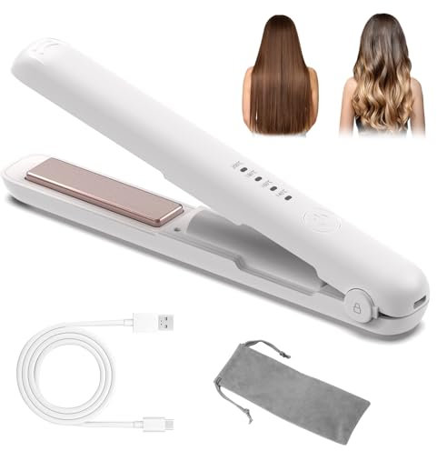 Cordless Hair Straightener, Mini Travel Flat Portable Wireless Rechargeable 2 in 1 Straightener and Curler Styling Tools Quick Heat Up & 4 Temp Adjustable Present for Women Christmas (White)