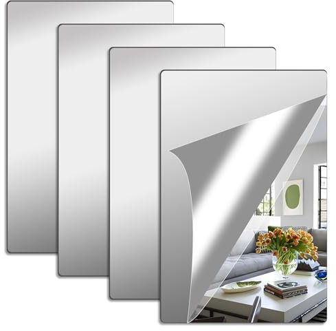UNINGYI 4 specchietti autoadesivi, 20 x 30 cm, in acrilico, per incollare, piastrelle a specchio flessibili, autoadesive, per pareti, scuola, casa, soggiorno, bagno, camera da letto
