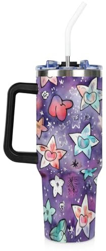 Purple Star Heart 40oz Tumbler with Handle and Straw, Leakproof Insulated Water Bottle Stainless Steel Vacuum Travel Mug Reusable Cup for Cold and Hot Drinks Gift for Him & Her