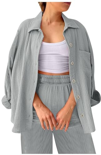 ReSin90s Leinen Set Damen Zweiteiler Musselin Hosenanzüge Elegant Langarm Top Und Hose 2 Teiler Leinen Baumwolle Freizeitanzug Casual Leicht Anzug Loungewear Set
