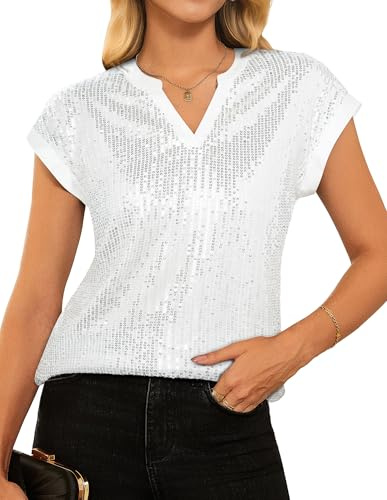 GRACE KARIN Damen Pailletten Bluse Elegant V Ausschnitt Kurzarm Cocktail Club Night Outfits L Silber
