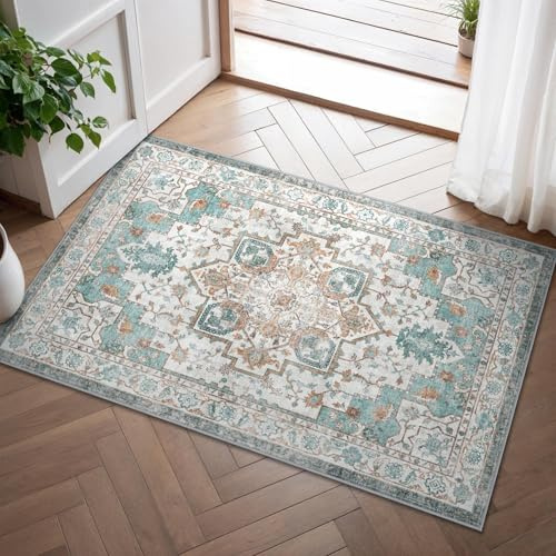 GENIMO Kleiner Vintage Teppich Türkis für Flur, Waschbar, 60x90 cm