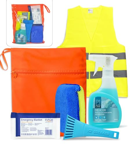 EVAQ8 Car Winter Essentials Pack – De-icer Spray, Ice Scraper, Demister Sponge, Foil Blanket & High-Visibility Vest in Bright Orange Bag