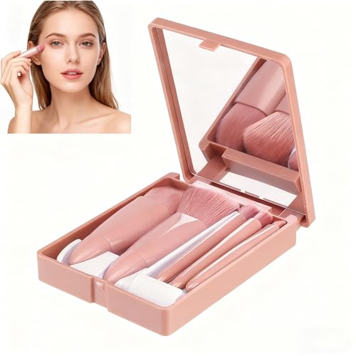 Lot de 5 mini pinceaux de maquillage professionnels végétaliens avec étui miroir rigide, kit de pinceaux cosmétiques portables pour maquillage en déplacement et cadeaux parfaits