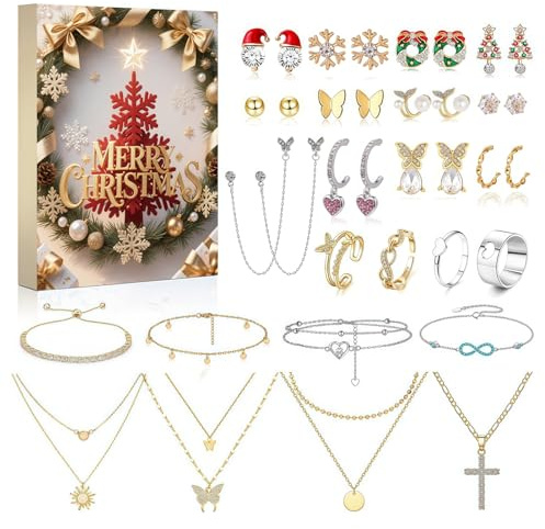 Drawelry Neuer Schmuck Adventskalender 2025 Frauen Mädchen mit Schmuck-Überraschungsbox 24 Füllung Ohrringe Halskette Armband Ohrringe Damenschmuck Weihnachten Countdown Kalender Geschenke (G)