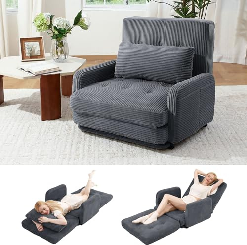 Bodensessel Schlafsofa 4-in-1 mit Schlaffunktion, hochdichter Stützschaum | 1-Sitzer-Klappsofa aus Kordsamt mit Metallgestell, Seitentasche & Lendenkissen, für Wohnzimmer, Schlafzimmer, Dunkelgrau