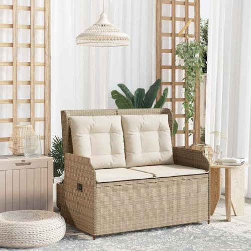 Runheo Gartenbank Beige Poly-Rattan, Verstellbare Rückenlehne, 2-Sitzer Loungemöbel für Terrasse, Balkon, Garten, Outdoor Möbel Set, Langlebig, 110x67x95 cm
