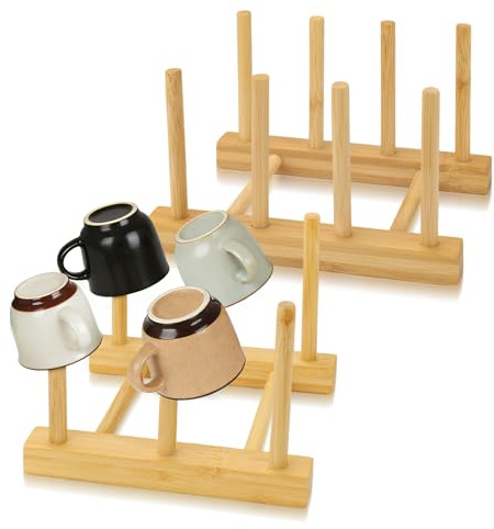 Fatiya Set of 2 Wooden Cup Drying Rack, Water Bottle Drainer Rack for Kitchen, Countertop Mug Drainer Stand Drying Holder Organiser for Glasses Tumblers (6 & 8 Cup)