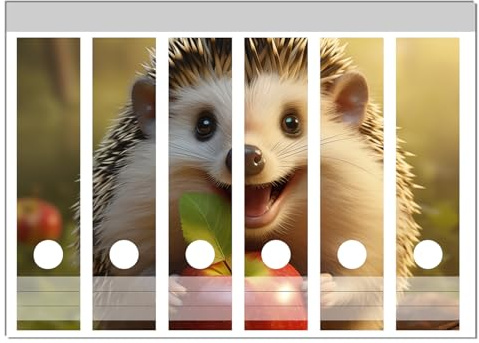 Wallario Ordnerrücken Sticker Lächelnder Igel mit Apfel - Größe 6 Stück, Rückenschilder für 6 breite Ordner, Klebeetiketten