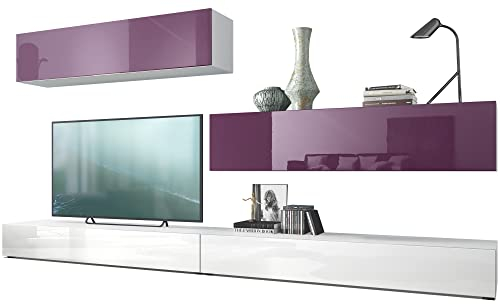 Vladon Wohnwand Nublo, Made in Germany, Anbauwand mit Rückwand mit 2 Klappen und 2 Sockelelementen, Korpus Weiß matt, Fronten Weiß Hochglanz und Brombeer Hochglanz (280 x 147 x 39 cm)