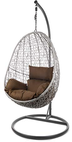 Kideo Komplettset: Hängesessel mit Gestell & Kissen, Lounge-Möbel, Poly-Rattan (Gestell- und Korbfarbe: grau, Kissen: Dunkelbraun Nest (7790 Chocolate))