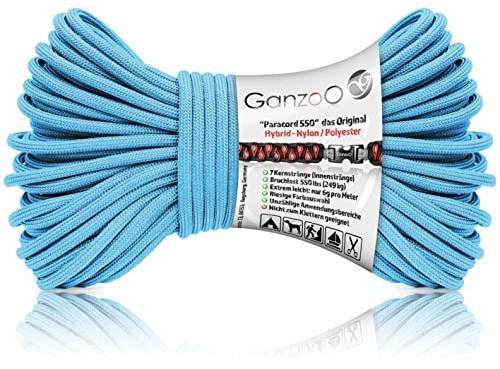 Ganzoo Paracord 550 Seil Iceberg blau, 4mm, Typ 3, Nylon Polyester, Hybrid, Armband, Hunde-Leine, Hunde-Halsband knüpfen, ca. 250kg Bruchlast, Outdoor Rope, Camping Schnur, Allzweckseil, 30 Meter