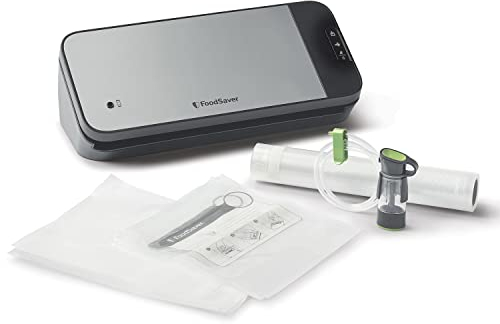 FoodSaver Vakuumiergerät für Lebensmittel mit Zubehör und Schlauch für das Handvakuumiergerät | Vakuumierer mit 1 Vakuumrolle, 5 Vakuumbeuteln & 5 Zip-Beuteln| Silber mit schwarzen Akzenten [VS2190X]