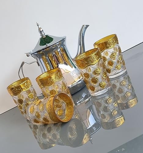 juego de te marroqui. tetera de metal con filtro integrado de 48oz + 5 vasos- tetera arabe 1400ml