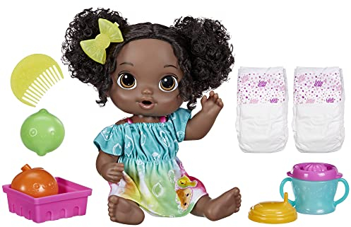 Baby Alive Fruity Sips Doll Age 3+, Lime, Pretend Juicer Baby Doll Set, Drinks & Wets, Toy for Kids 3 and Up, Black Hair