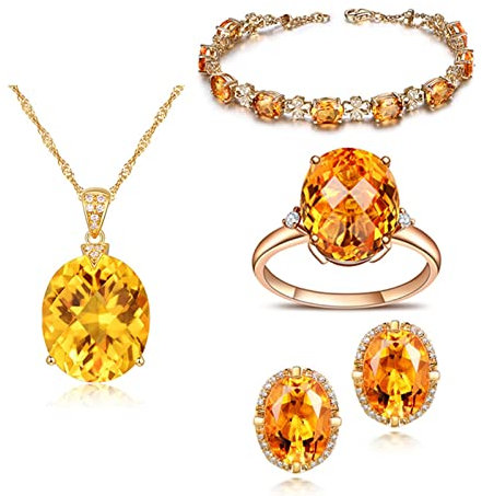 AMDXD Schmuckset Hochzeit 5 Stück, Damen Halsketten Set Klassiker Rund Anhänger Vergoldet Ehering Damen & Ohrstecker Damen & Armreifen mit Gelb Zirkonia - Gold