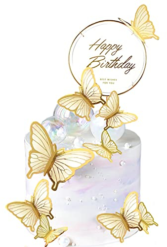 11 Stück Tortendeko Geburtstag,Gelb Schmetterlinge Deko Torte Happy Birthday Tortendeko Cake Topper Geburtstag für Kinder Erwachsene Torten Zubehör