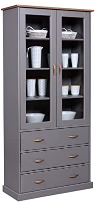 Inter Link - Vitrina - Aparador - Vajilla - Mueble de comedor - Estilo rústico - Madera maciza FSC - 2 puertas - 3 cajones - Luzerna 10 - Gris