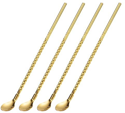 sourcing map Stainless Steel Spoon Straws, 4Pcs 8.6 Reusable Metal Long Handle Drinking Straws Spoons for Milkshake Drinks Cocktail, Gold