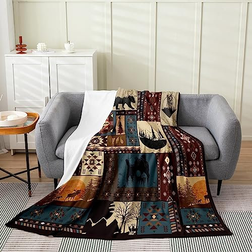 Bohemian Deer Fleece Blanket Queen, Bear Wildlife Hunting Theme Throw Blanket Cabin Decor Buffalo Plaid Grid Fuzzy Blanket for Sofa Bed Couch, Retro Xmas Pine Tree Geometric Soft Flannel Blanket