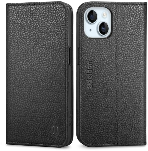 SHIELDON Wallet Case for iPhone 15, Genuine Leather Folio Case with [Card Holder][RFID Blocking][Kickstand][Magnetic Closure] Shockproof TPU Cover Compatible with iPhone 15 6.1 - Litchi Grain Black