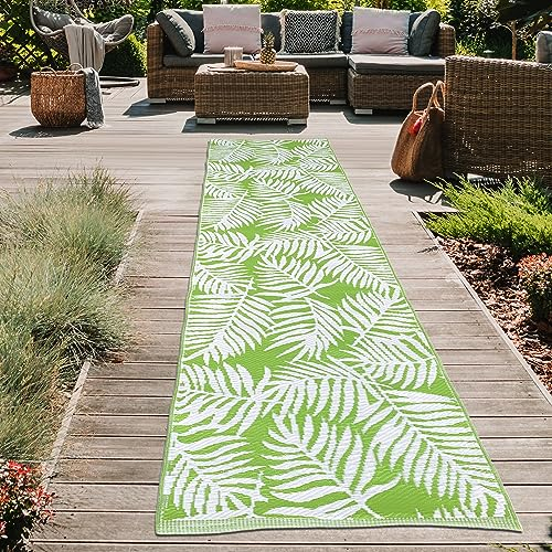 Teppich-Traum Outdoor Außen Teppich wetterfest Kunststoff Camping Vorzeltteppich Gartenteppich Balkonteppich Langer Läufer Tropisches Palmen-Design grün-weiß 90 x 300 cm