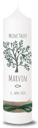 VILLA ROSA LOTTA - Personalisierbare Taufkerze Marvin mit Wunschdaten und Rückseite I Lebensbaum Motiv I 25 cm x 7 cm I Taufkerzen für Jungen und Mädchen I Farbe elfenbein weiß