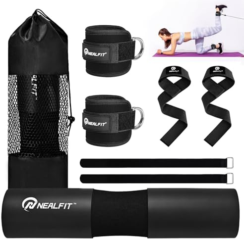 NEALFIT Barbell Pad Set with Lifting Straps & Ankle Straps - Squat Pad for Hip Thrusts, Lunges, Weightlifting - Heavy Duty Strength Training Equipment for Powerlifting, Home Gym (Black)