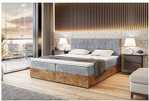 MEBLINI Boxspringbett mit Bettkasten - Gepolstert Doppelbett mit Matratze und Topper - Polsterbett mit Stauraum - Bett mit Kopfteil - Stauraumbett - Lofty 9-200x220 - H3/Hellgrau Samt