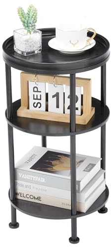 YEAKOO Nordic End Table, 3-Tier 30cm Round Side Table with Storage Shelf Edge Protection Tray, Sturdy Metal Frame Coffee Table Bedside Table for Living Room Bedroom Small Spaces/Black