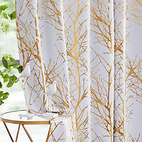 Fmfunctex White Gold Blackout Curtains for Bedroom 54 inch Drop Eyelet Curtains for Living Room Tree Branch Foil Thermal Insulated Window Curtain Panels 2 Panels