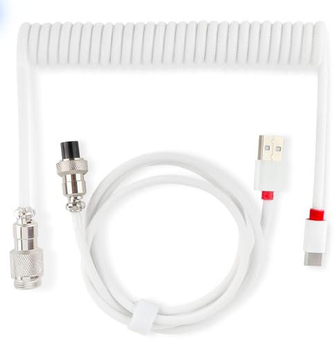 RUNJRX Custom Coiled USB C Cable for Gaming Keyboard, Mechanical Keyboard Cable with Detachable Metal Aviator (White)