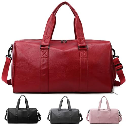 Pasdrucn Sporttasche Für Herren, Wasserdicht Sporttasche, Reisetasche Mit Schuhfach Und Nassfach,PU Leder Sporttasche, GroßenKapazität Reisetasche Für Männer Und Frauen (Rot)